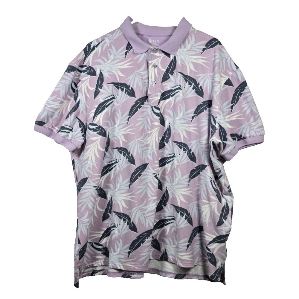 Boca Classics Mens XL Polo Shirt Short Sleeve Pink, Blue & Gray Tropical Leaves